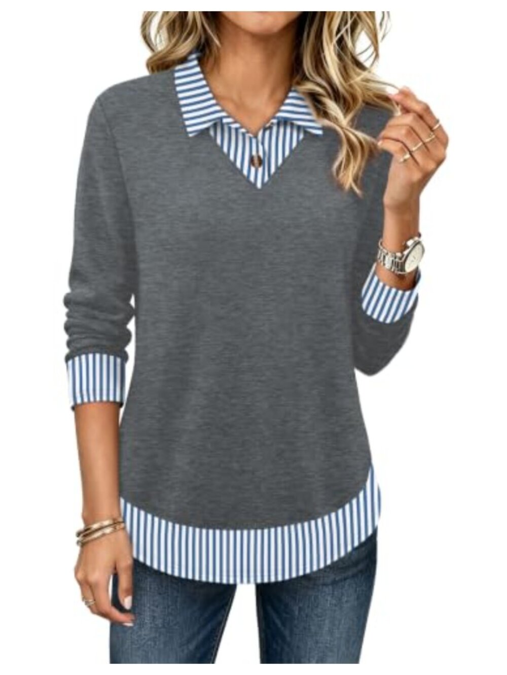 Womens Polo Tunic Top Long Sleeve Mock Layer Button Neck Work Blouse